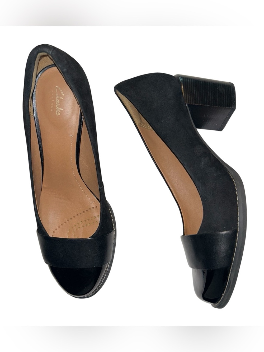 Clarks Artisan Pumps Block Heels Black Suede Patent Leather Cap Toe Womens 7